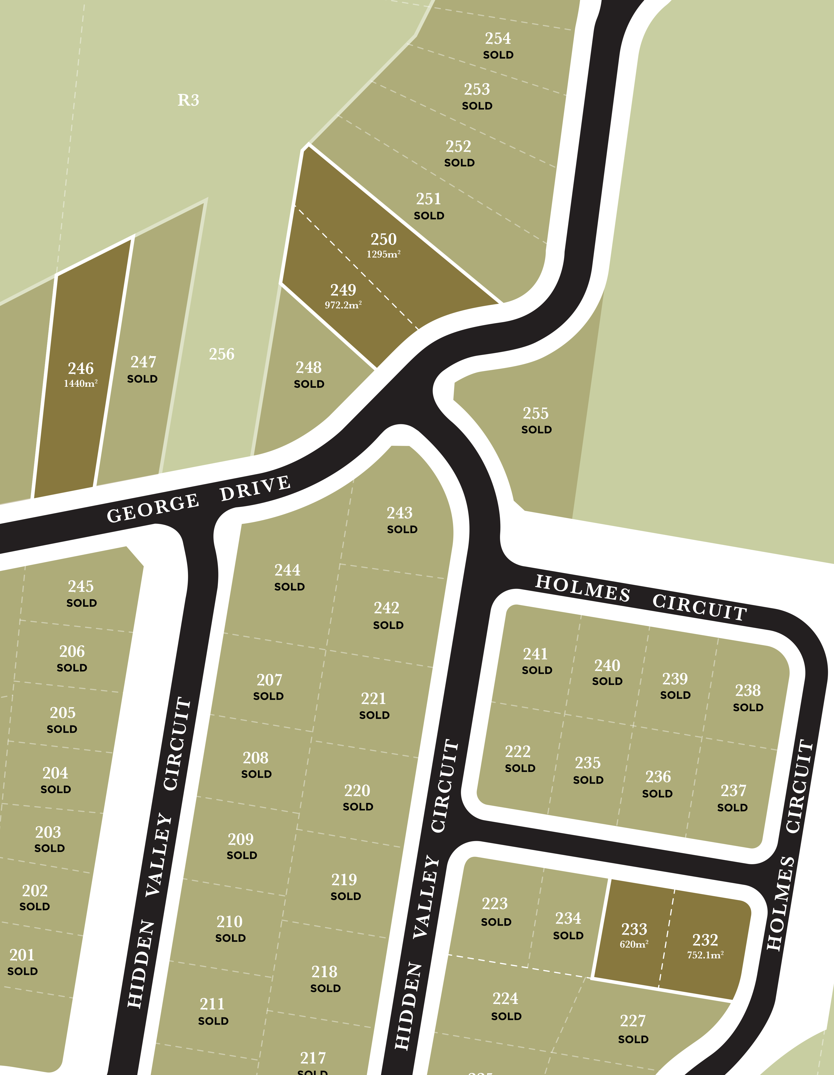 Hidden Valley masterplan — available lots highlighted